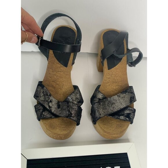 Porronet Black Sparkle Leather Cork Wedge Heels Size 8 - Picture 3 of 13